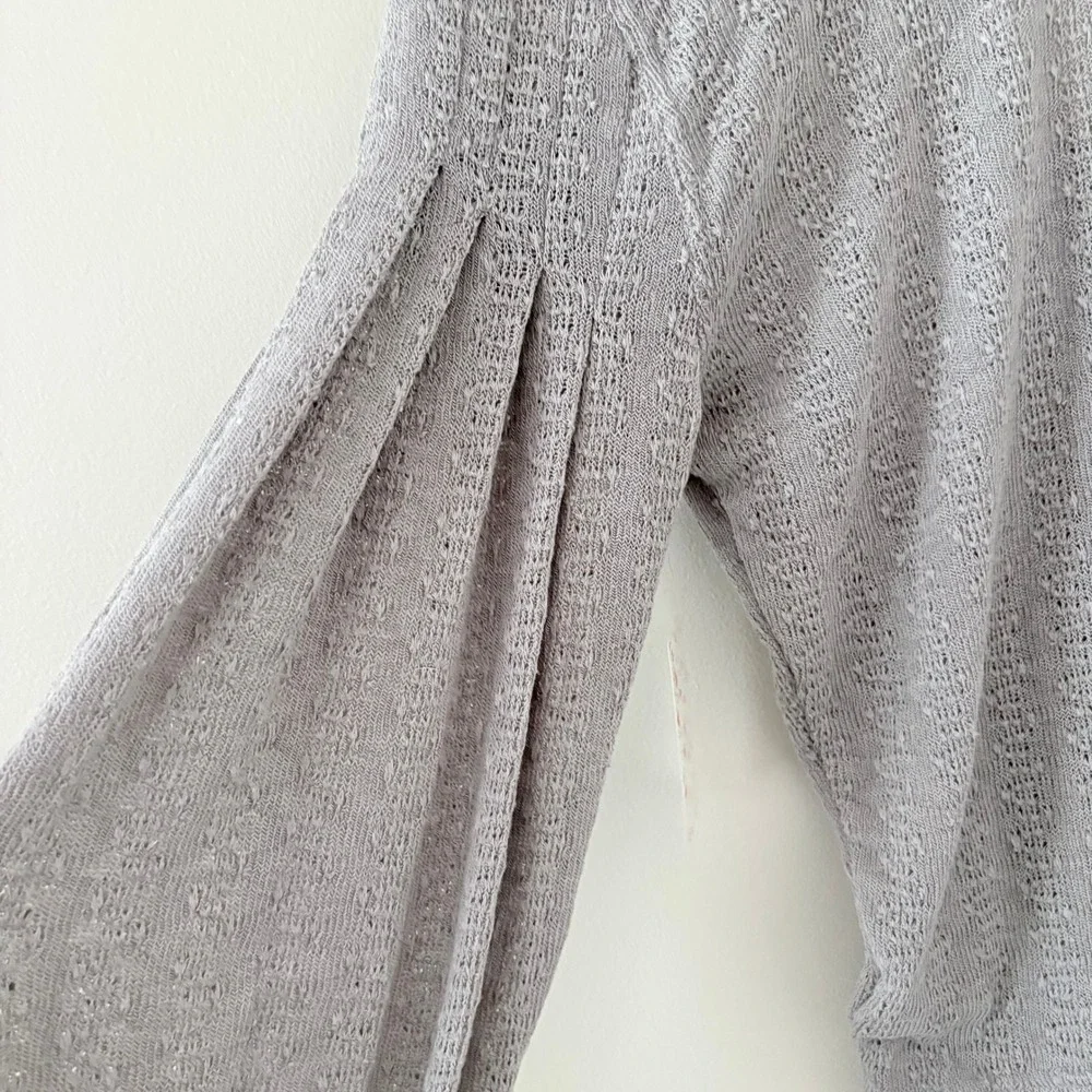 Free People Top Dream Girl Small Storm Grey Boho Pointelle Knit V-Neck Raw Edge